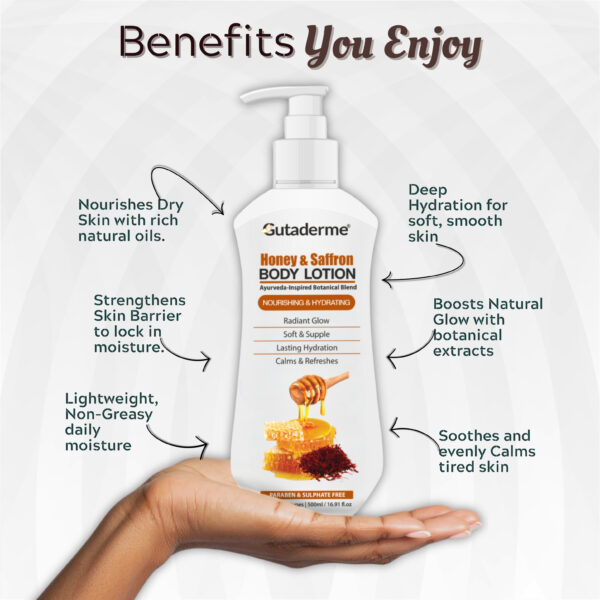 Honey Saffron Body Lotion – 500ml | 16.91 fl.oz - Deep Hydration Moisturizer with Aloe Vera & Vitamin E for Glowing, Soft Skin – Lightweight Daily Lotion for All Skin Types (Men & Women) - Image 4