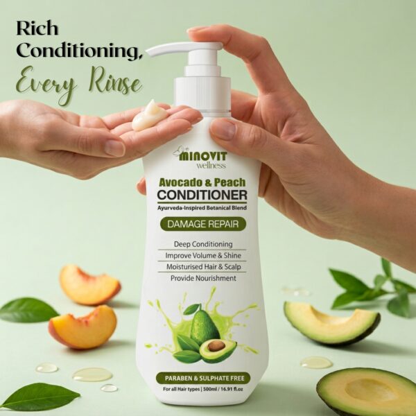 Avocado Peach Conditioner- 500ml | 16.91 fl. Deep Hydration & Repair Conditioner with Hibiscus & Aloe Vera – Smoothening, Frizz Control & Shine for Dry, Damaged Hair - For Men & Women, All Hair Type - Image 2